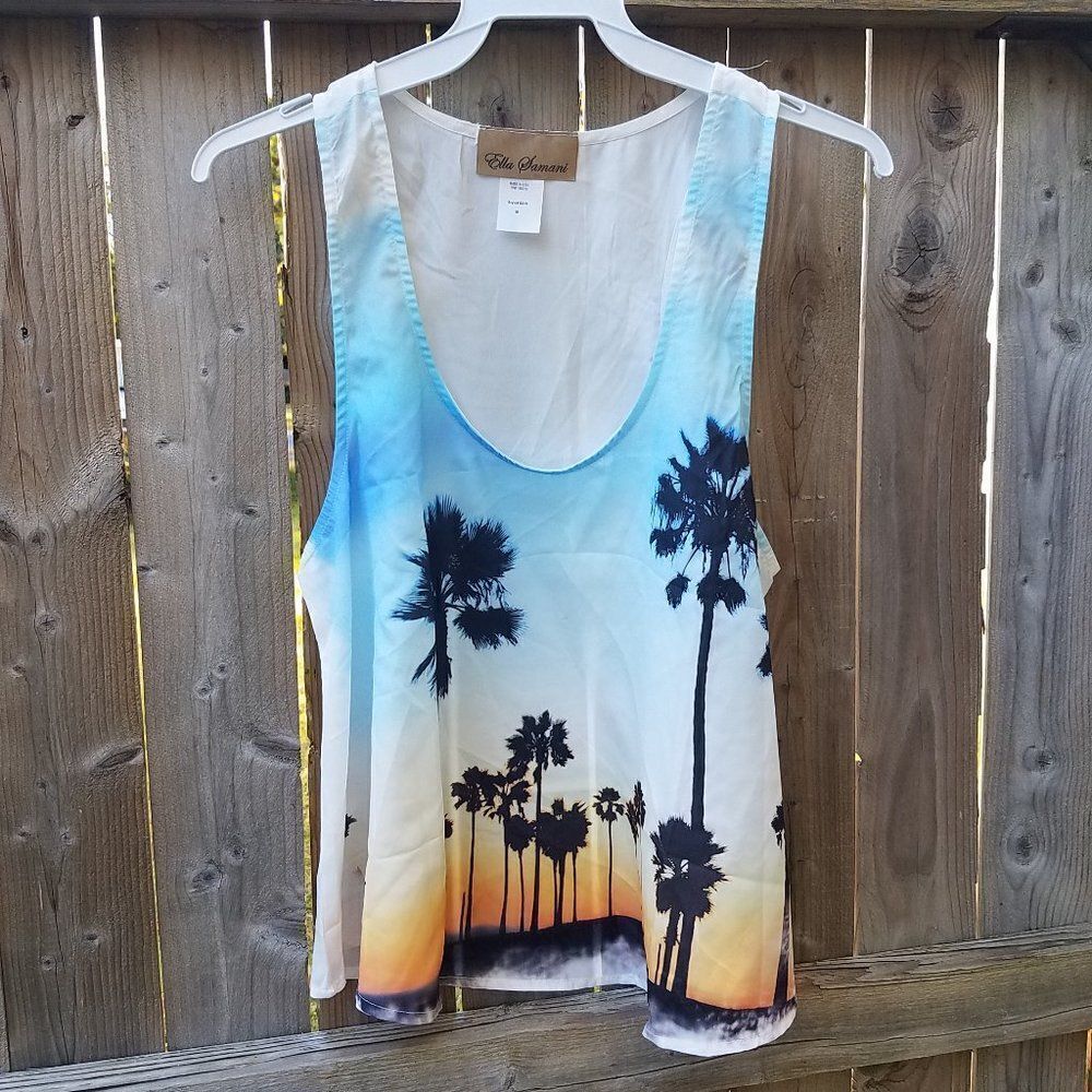 Tank Top Juniors Large Tropical Sunset Print by Ella Samani White NWOT